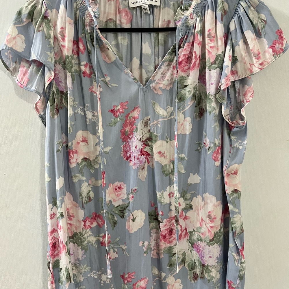 Maeve Floral Ruffle Sleeve Blouse - Blue and Pink